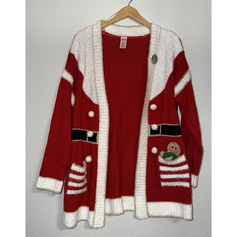 Holiday Time Santa Cardigan Sweater Women's Large Christmas Gingerbread